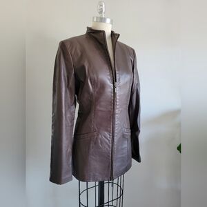 DANIER chocolate brown leather jacket with mock neck, hip length